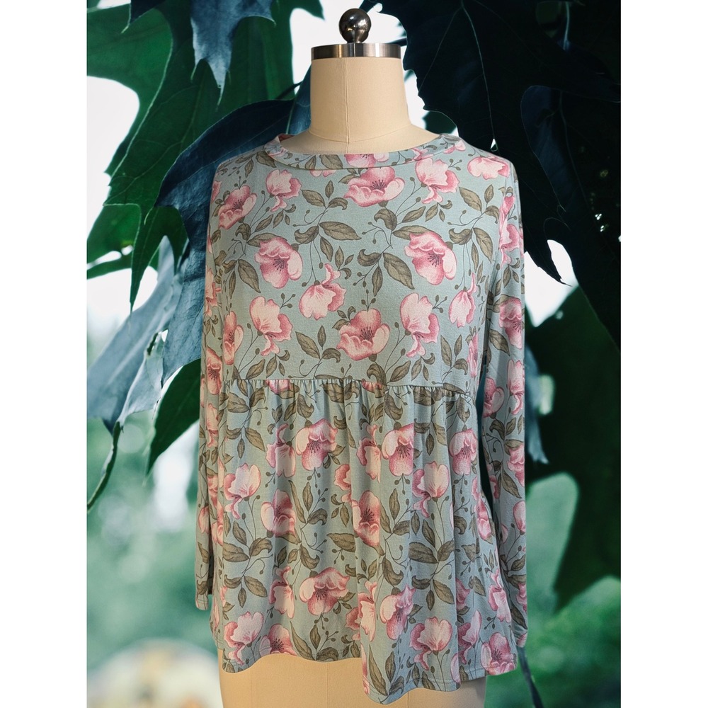 e.Luna Women 2XL Pink Floral Babydoll Top Sage Green Long Sleeve TUM3958X
